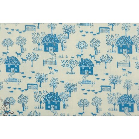  Liberty - cottage lane - blue nr.04775616Y. Off white met blauwe huisjes  de huisjes zijn 2 cm breed. 