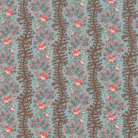 Moda - Sarahs Story - Betsy Chutchian  nr. 31592-16 Een mooie randstof antiek blauw met kleine bloemetjes en een middenbruine rand 