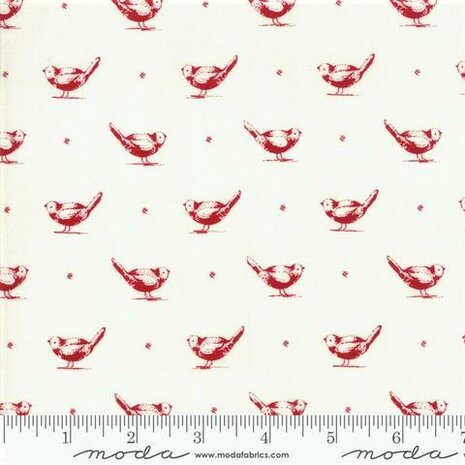 Moda - My redwork garden - Bunny Hill designs 2950-13 Early Bird Deze rode stof heeft een wit vogeltje als design.