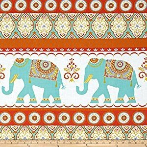 Halve Meter  Free Spirit - Sundara Oasis - Redxx Warm oranje met lichtgroen turkoois wit en beige 100% katoen en 110 cm breed
