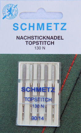 Schmetz - Top Stitch Nadel - SCH-TOPST-130-N-90/14. 130N dikke 90/14 - Topstitch (N) naalden van Schmetz hebben een groter oog dan normale naalden van deze dikte.