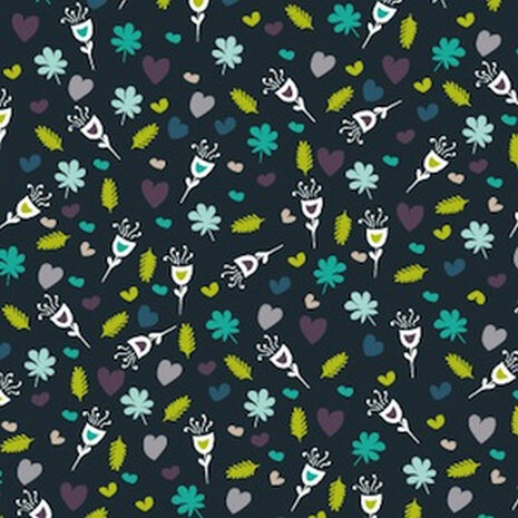 Dashwood Studio-Enchanted Forest- Navy Donkerblauw de onder grond met limoengeel turkoois mauve en witte kleine motiefjes.