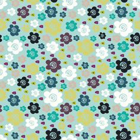Halve meter Dashwood Studio-Enchanted Forest- Teal Een lichtblauwe ondergrond met kleine bloemetjes in wit limoengeel turkoois grijs