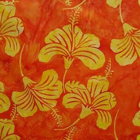 Batik by Mirah - HR076/MH -15552/BD Nectarina&nbsp;Hand geverfde stof met patroon. oranje met een gele bloem 