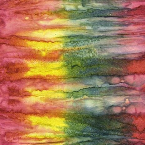 A splash of color - 8682 W - Laundry Basket Quilts. Deze batik heeft een kleurverloop van okergeel warm rood petrolblauw en groen
