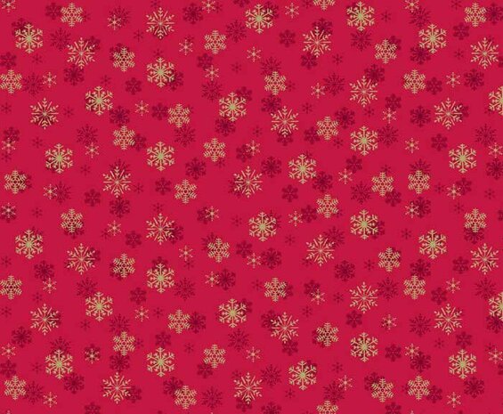 Andover - Metallic Snowflake nr 1937. katoen en 110 cm breed rood met gouden sterretjes.