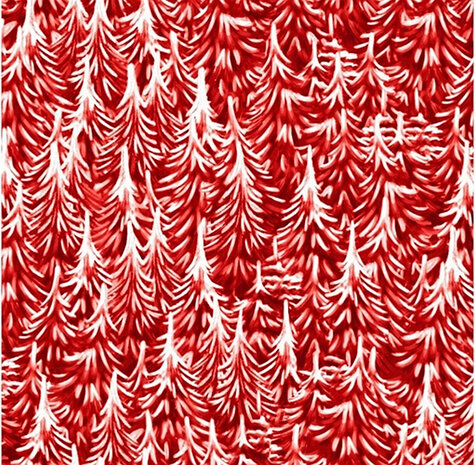 Christmas village - P &amp; B textiles - Red Een rood met witte stof waarop dennen staan.