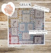 Geluk ,quiltpatroon met Stitchery - 180 cm x 190-200. Dit patroon bestaat uit 45 pagina&#039;s ontwerp van Mieke Okkema en 12 Stitchery patronen van Lucy Herlaar