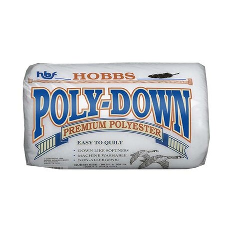 Hobbs Batting Polydown - Twin Size - is een zachte quiltbatting van 100% polyester. Non-Allergenic. Excellent voor hand quilting. Krimpt niet. Afmeting 182,8 cm x 228,6 cm (72&quot; x 90&quot; inch)