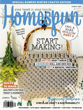 Homespun Juni/July 2023 met deel 3 van de Owl and Hare quilt